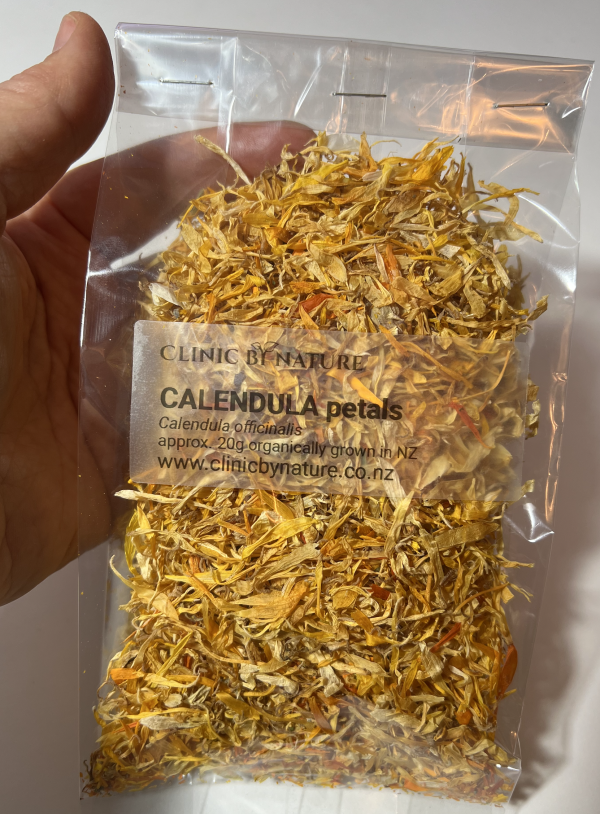 Calendula petals organically grown in pristine environment of New Zealand, hand collected by our naturopath