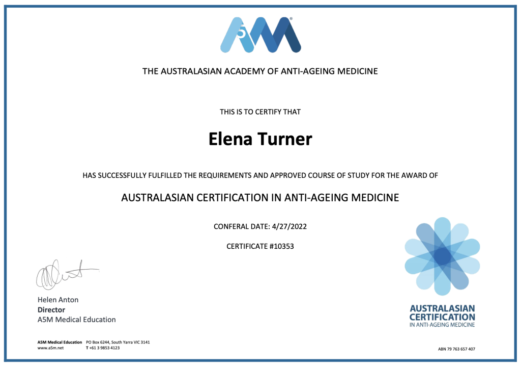 AustralAsian certification in Anti-Ageing (AntiAging) medicine awarded to naturopath Elena Turner